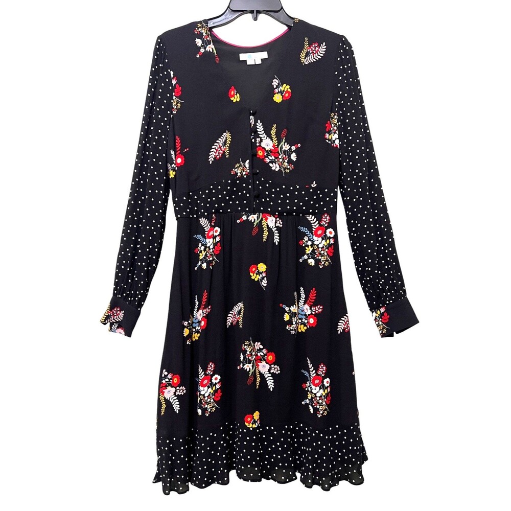BODEN Ivy Dress Black Floral Polka Dot Cottagecore Ruffle Viscose Lined Size 6L
